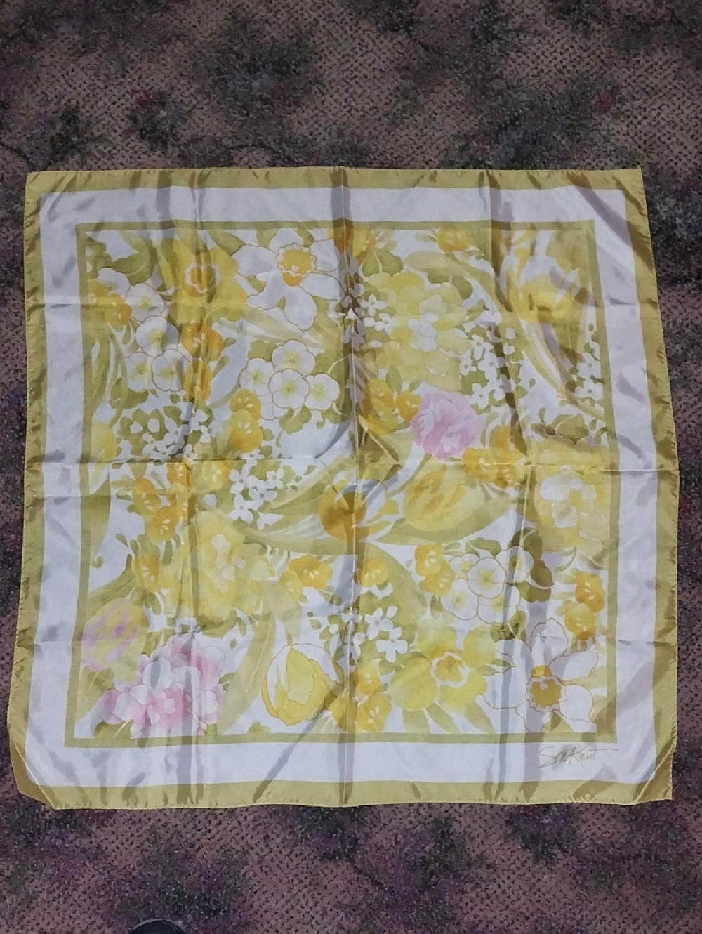 Vintage S.M. Kent Floral Yellow & White Square Scarf